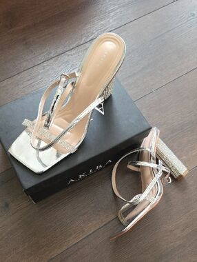 AKIRA Chunky Silver Rhinestone Strappy Block Heel Sandals
